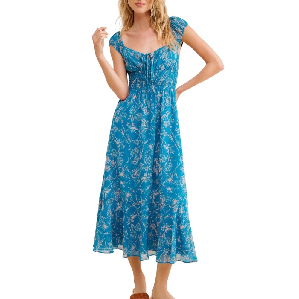 R1 Hutch Anthropologie Blue Floral Midi Dress Smocked Flutter Sleeve Boho M